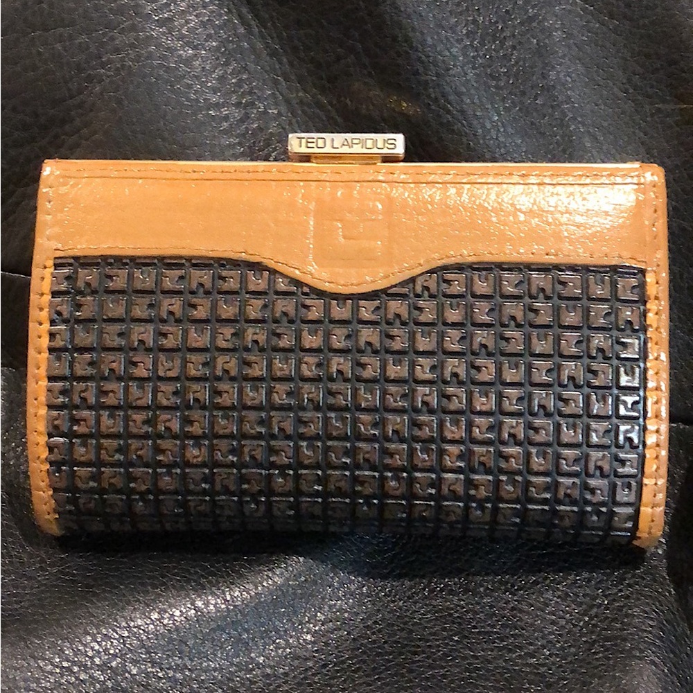 TED LAPIDUS Leather and Monogramed Hinged Wallet Clutch Engraved Clasp